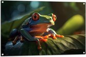 Tuinposter – Close-up van Groene Boomikker met Rode Ogen op Blad - 105x70 cm Foto op Tuinposter (wanddecoratie voor buiten en binnen)