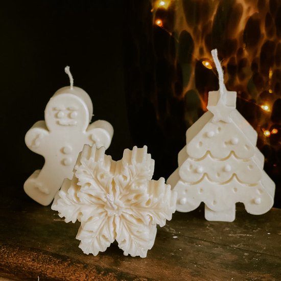 Set van 3 kerstkaarsen - kaarsen kerst - kerstboom - sneeuwpop - gingerbread man