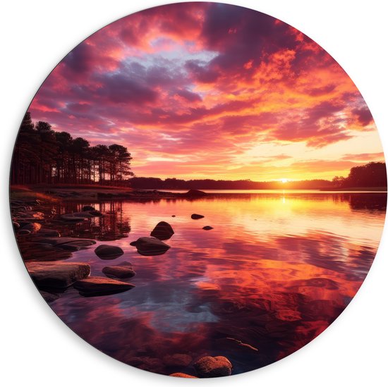 Dibond Muurcirkel - Kleurrijke Zonsondergang bij Groot Meer - 80x80 cm Foto op Aluminium Muurcirkel (met ophangsysteem)