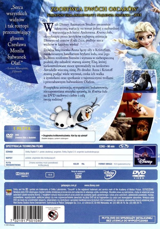 Achterkant van de Frozen DVD, met recensies en details over de film.