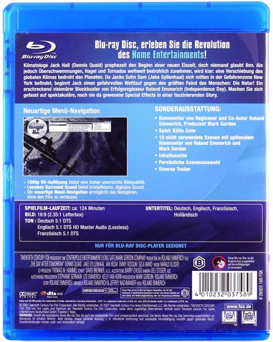 Achterkant van de Blu-ray hoes van "The Day After Tomorrow" met details over de inhoud en speelduur, met leeftijdsclassificatie 12.