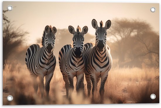 Tuinposter – Drie Zebra's in Droog Landschap - 60x40 cm Foto op Tuinposter (wanddecoratie voor buiten en binnen)