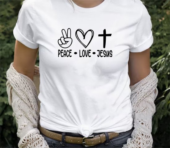 Tshirt - Peace Love - Jesus - Wit - Maat M