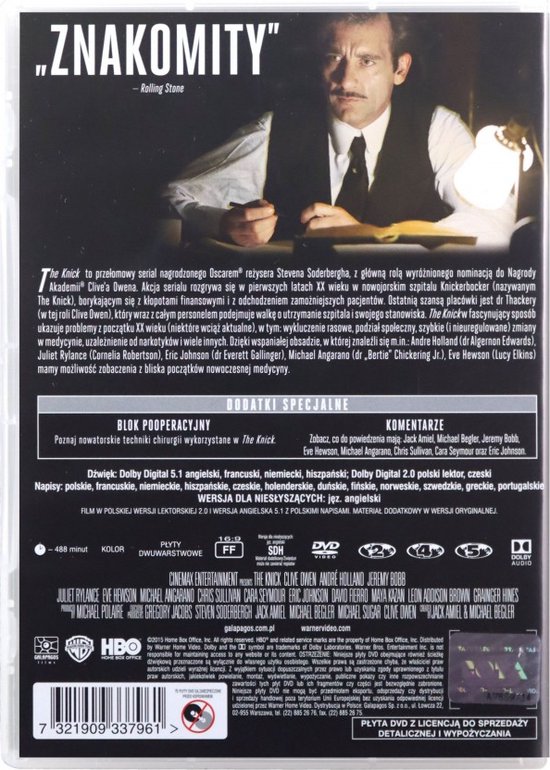 The Knick DVD achterkant met Clive Owen aan een bureau, productinformatie en recensies.