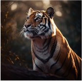 Poster (Mat) - Opkijkende Tijger bij Boomstronk - 80x80 cm Foto op Posterpapier met een Matte look