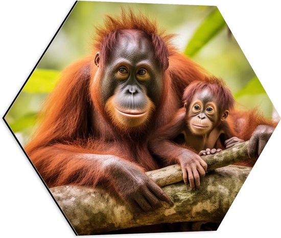 Dibond Hexagon - Orang Oetan Aap met Baby zittend bij Takken - 50x43.5 cm Foto op Hexagon (Met Ophangsysteem)