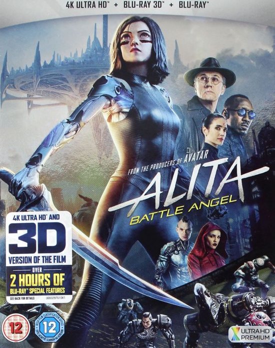 Alita: Battle Angel filmposter met Alita in de hoofdrol, met een cybernetisch lichaam en een zwaard. Ook de andere hoofdrolspelers zijn te zien.