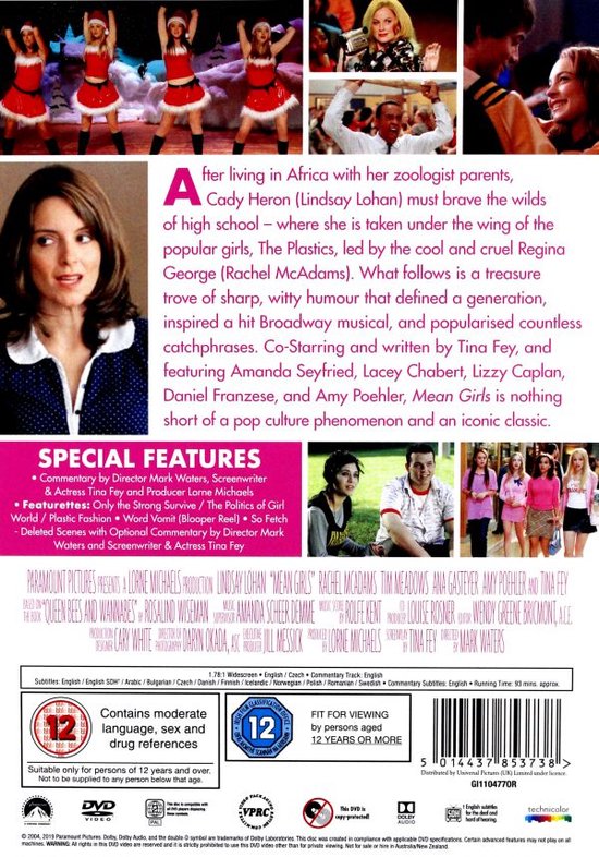 Achterkant dvd 'Mean Girls' met foto's van de cast, waaronder Lindsay Lohan en Tina Fey.