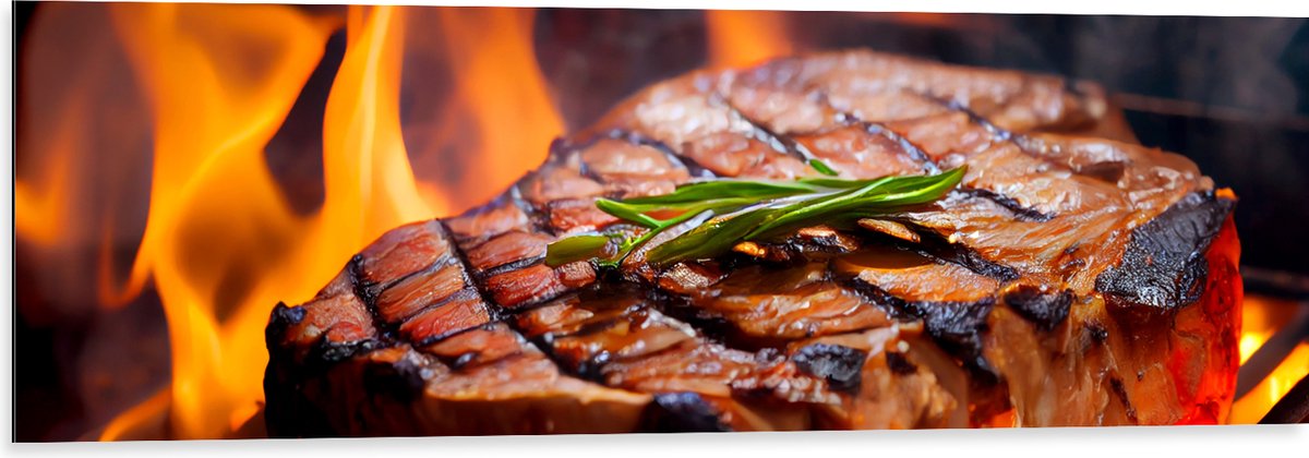 Dibond - Brandende Steak op Barbecue - 120x40 cm Foto op Aluminium (Wanddecoratie van meta