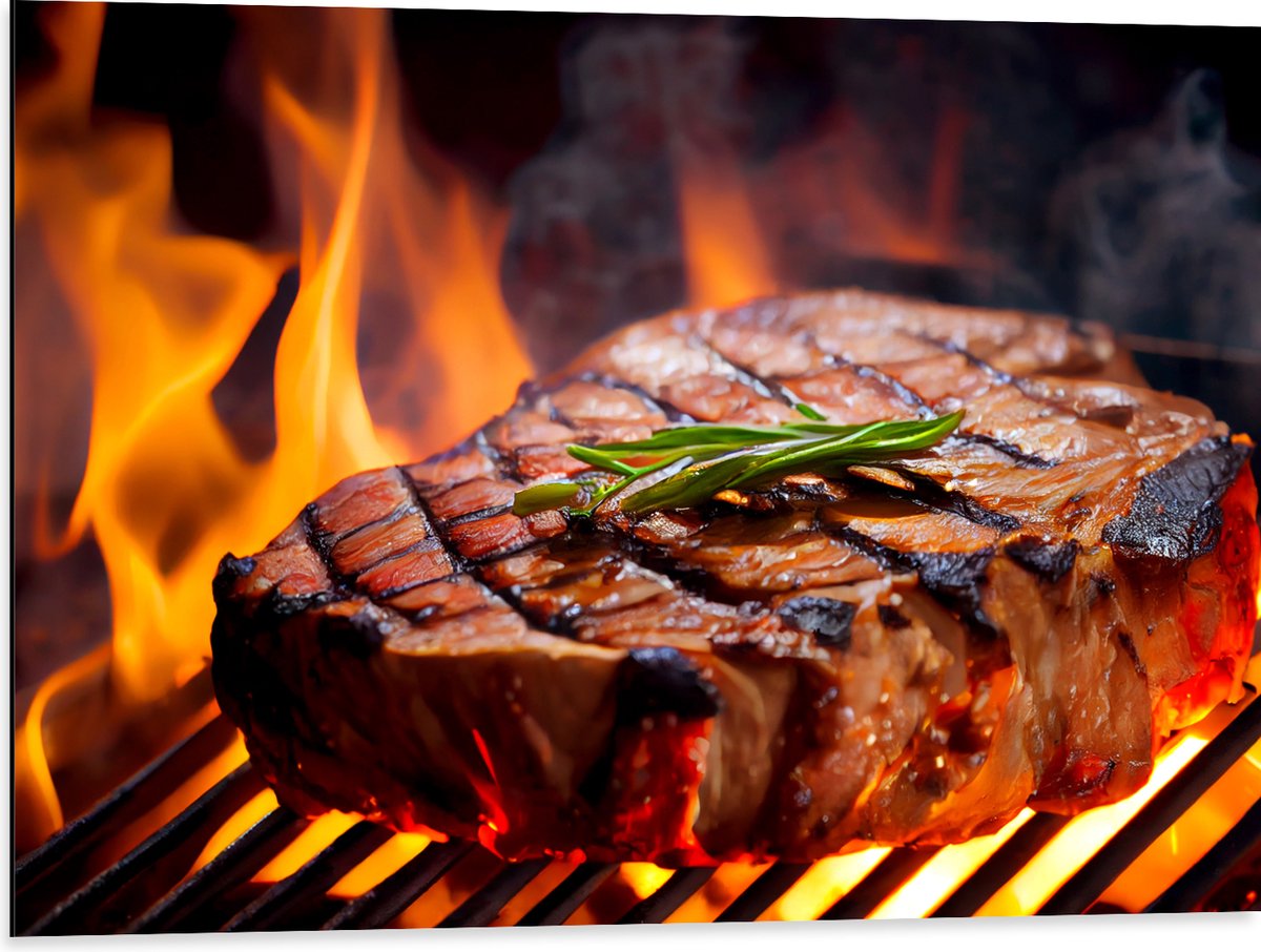 Dibond - Brandende Steak op Barbecue - 80x60 cm Foto op Aluminium (Wanddecoratie van metaa