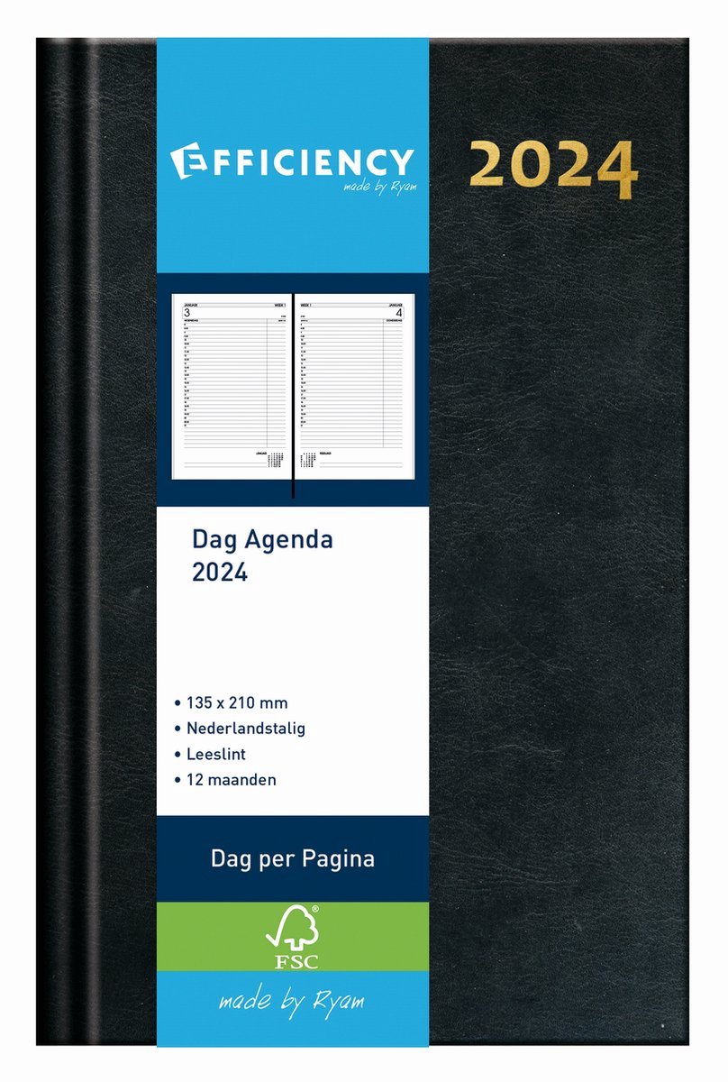 Bureau Agenda 2024 - ZWART 1 dag per pagina (13.5cm x 21cm)