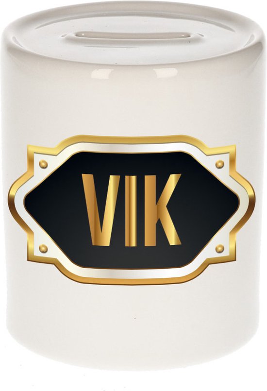 Tirelire cadeau naam Vik avec emblème doré - anniversaire / fête des pères / retraite / succès / merci