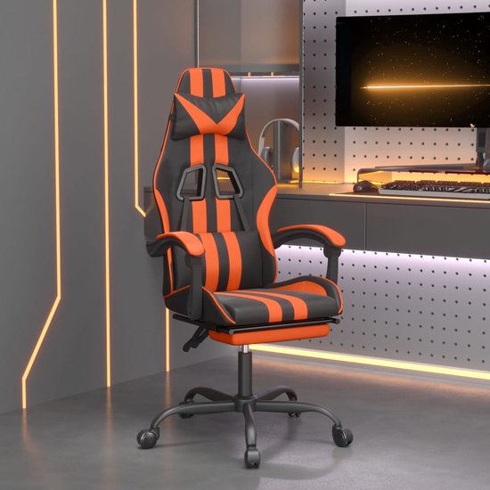 The Living Store Chaise de jeu rotative avec repose-pieds en cuir artificiel noir et orange - Chaise de bureau