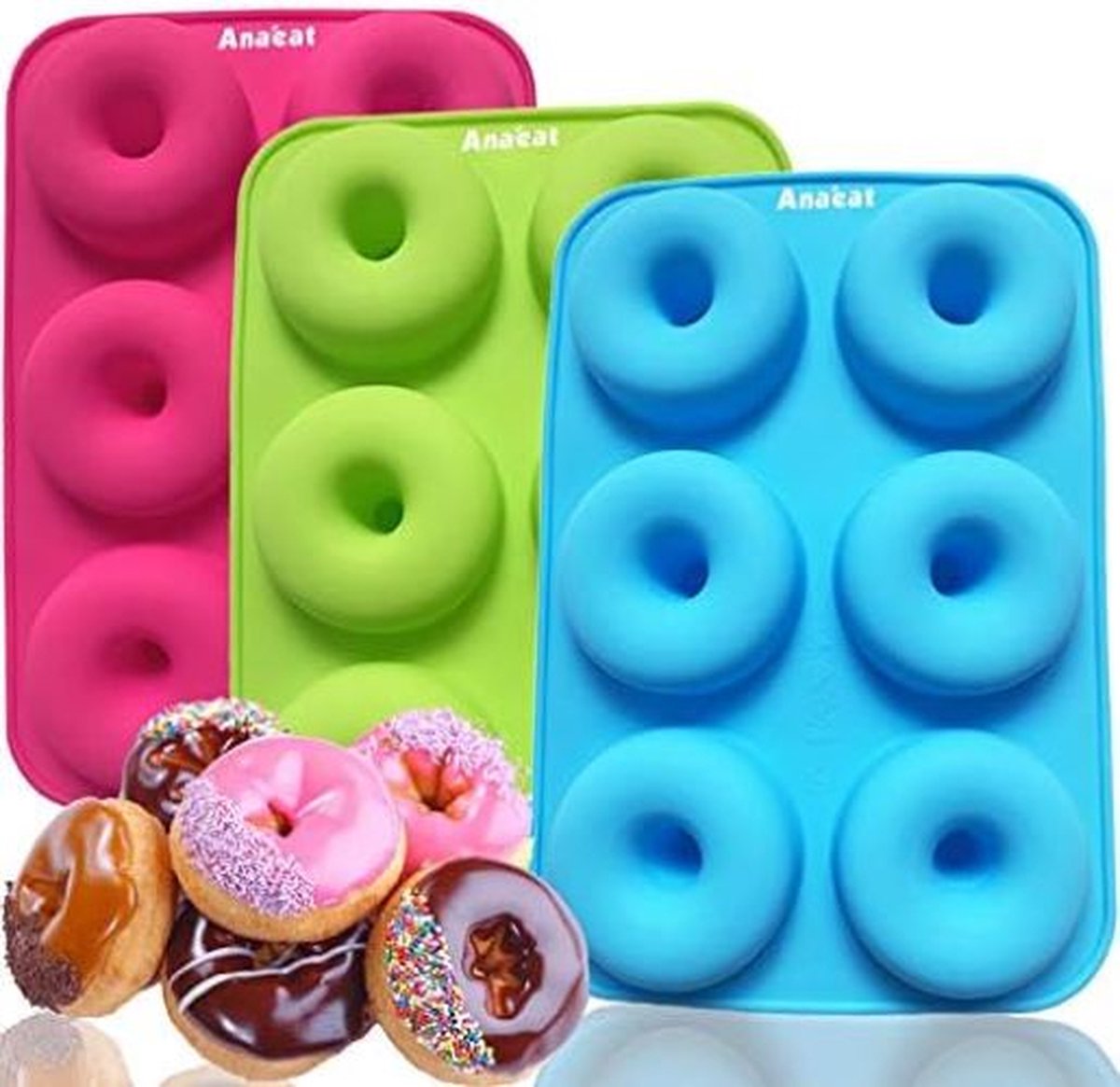 Set van 3 siliconen donut-pan, gewoon eruit springen! Anti-aanbaklaag donut-bakvormen voor donuts, muffins, cakes, koekjes, bagels - oven- en vaatwasmachinebestendig (meerkleurig)
