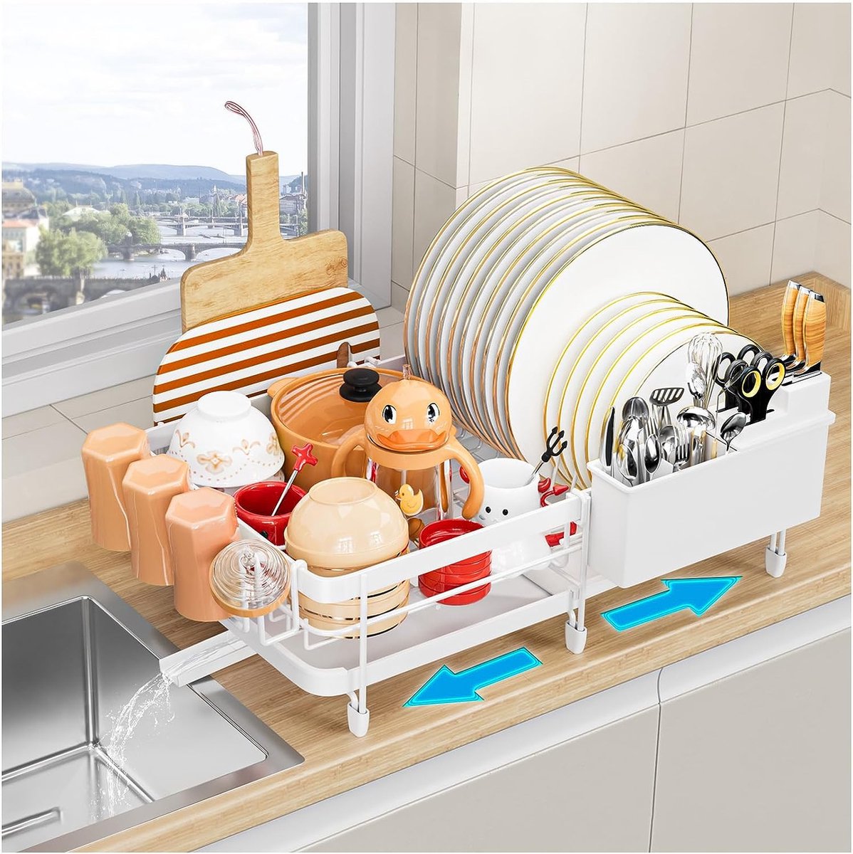 Goedkoopste Uitbreidbaar afdruiprek, met drainageplaat en 360° draaibaar mondstuk, afneembaar afdruiprek met bestek- en bekerhouder, wit