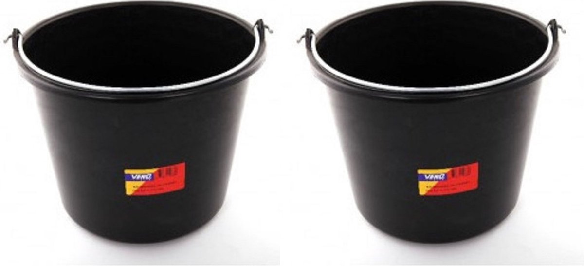 Goedkoopste 2x stuks zwarte bouwemmers / specie emmers 12 liter met maatverdeling - huishoudemmer