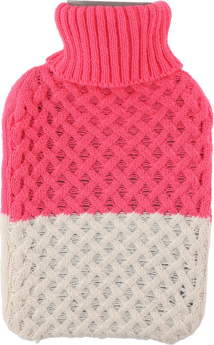 Goedkoopste 1x Warme winter kruik met gebreide stoffen hoes roze/cremekleurig 2 liter - warmwaterkruiken