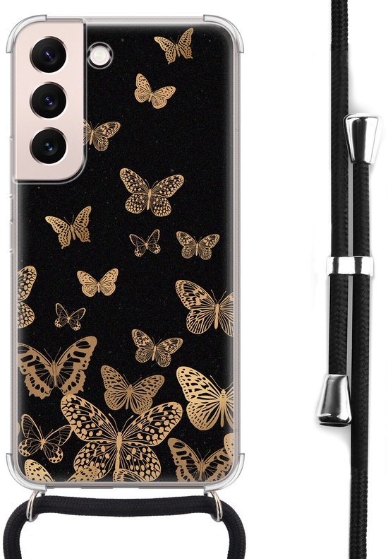 Zwarte telefoonhoes met goudkleurige vlinderprint en verstelbaar zwart koord met zilverkleurige details.