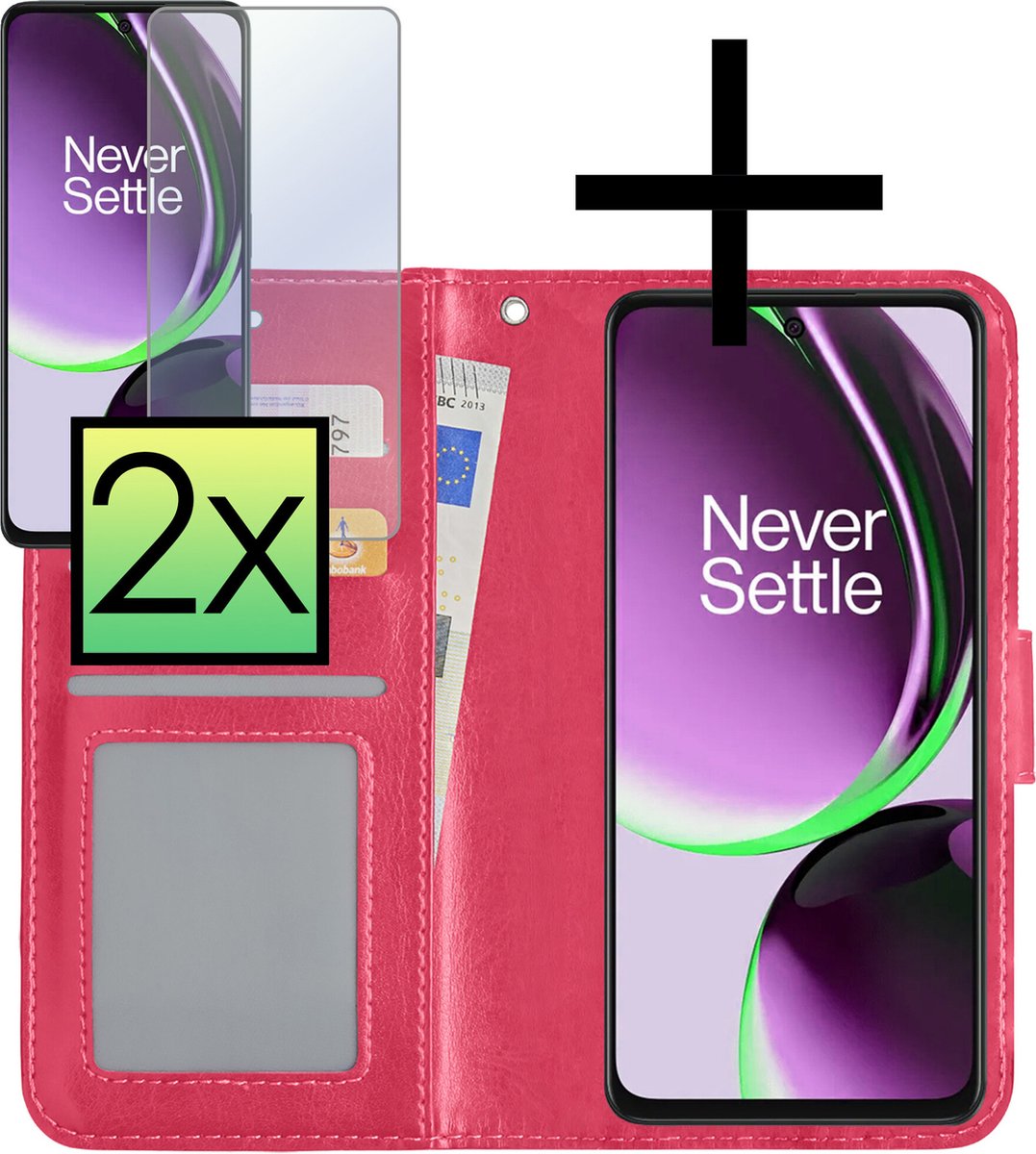 Hoesje - Met 2x Screenprotector - Geschikt voor OnePlus Nord CE 3 Lite - Luxe Pasjeshouder - Bookcase Portemonee - Flip Case - Kunstleer Book Case - Flipcase Hoes - Book Cover - Walletcase - Portemonneehoes - Donkerroze