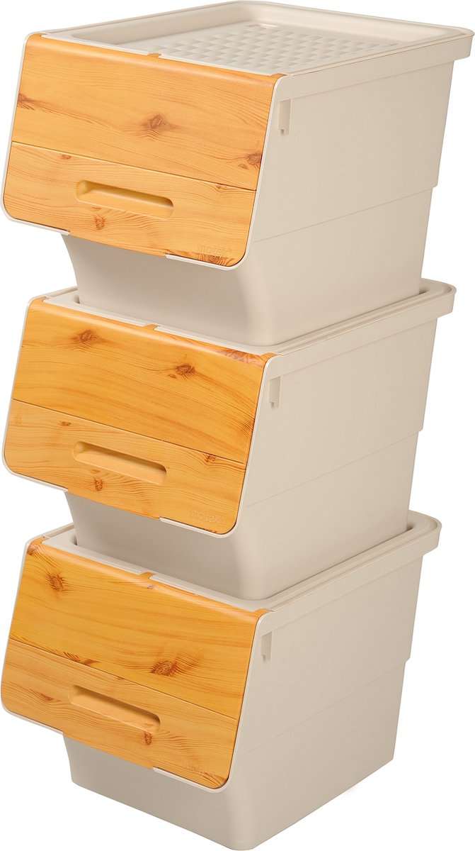 Motek® - Opbergbox - 3*33L=99L - Met Wielen - Gerecycled Plastic - Bamboe - Opbergdoos