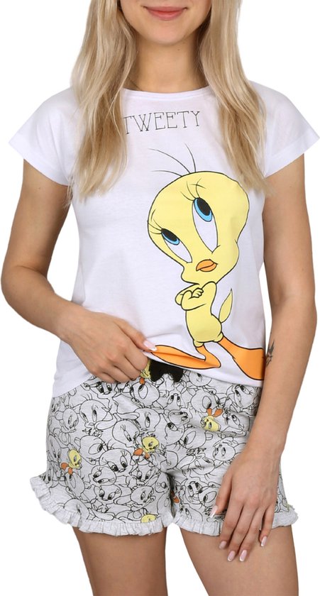 Looney Tunes Tweety - Witte en grijze meisjespyjama met korte mouwen, zomerpyjama / 152