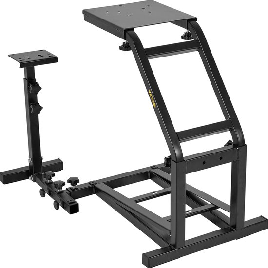 Een zwarte, metalen racewielstandaard met een verstelbare houder voor het stuur en de pedalen.
