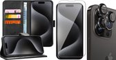 Hoesje geschikt voor iPhone 15 Pro Max - Screenprotector GlassGuard & Camera Lens Screen Protector Zwart - Book Case Leer Pasjeshouder Zwart