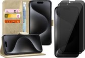 Hoesje geschikt voor iPhone 15 Pro Max - 2x Privacy Screen Protector FullGuard - Book Case Leer Pasjeshouder Goud & Screenprotector