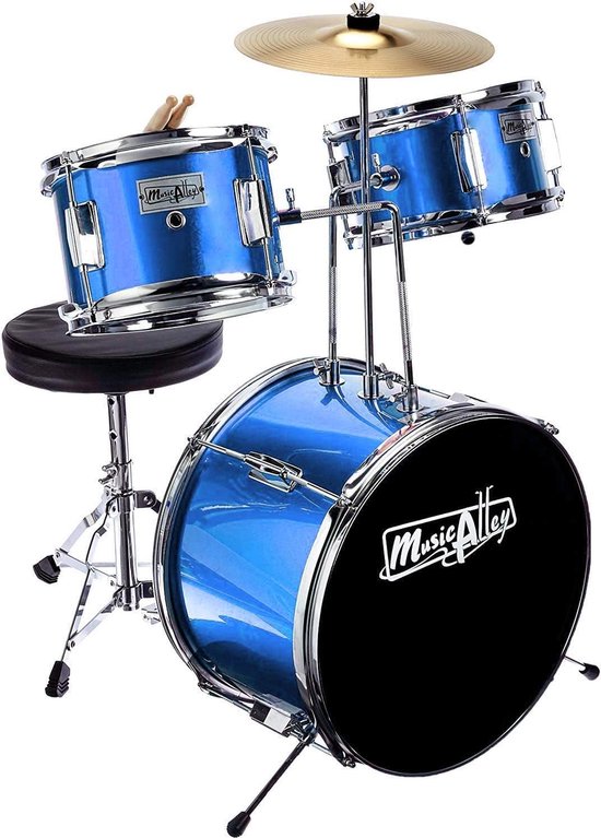 Kit de batterie Junior Blue métallisé – 3 pièces avec cymbale, pédale,  tabouret et