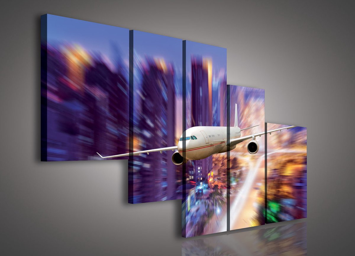 Canvas Schilderij - Vliegtuig - Stad - Toren - Steden - Inclusief Frame - 170x100cm - 5 Luiks
