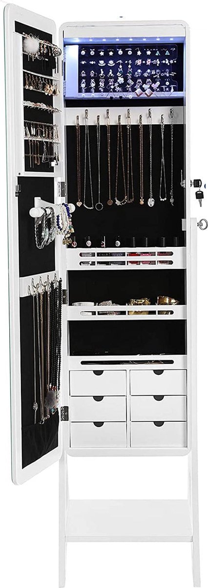 Sieradenkast Met Spiegel, Met Verlichting, Sieradenspiegelkast Met Schuifladen En Inklapbare Plank Ideaal Voor Make Up Wit Vh32707