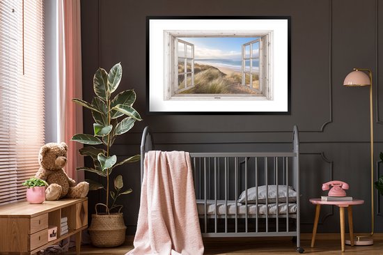 Cadre photo avec affiche - Vue à travers - Plage - Mer - Dunes - Ammophile - Sable - Blauw - 120x80 cm - Cadre pour affiche