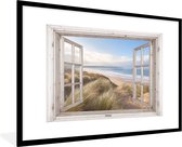 Cadre photo avec affiche - Vue à travers - Plage - Mer - Dunes - Ammophile - Sable - Blauw - 90x60 cm - Cadre pour affiche