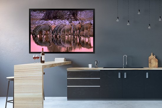 Affiche avec cadre Zèbres buvant - 120x80 cm