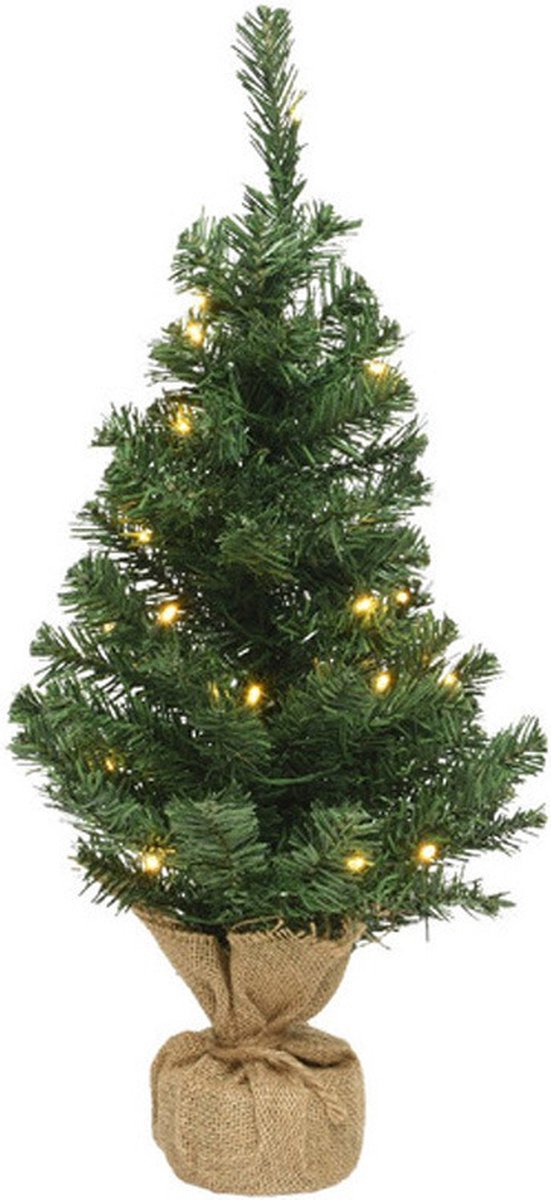 Bol.com Everlands verlichte mini kerstboom - groen - kunststof - 90 cm - in jute zak - kerstdecoratie - kunstboom/kunstbomen - k... aanbieding