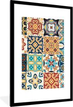 Fotolijst incl. Poster - Bloemen - Vintage - Patroon - Blauw - Oranje - 60x90 cm - Posterlijst