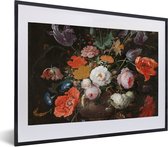 Fotolijst incl. Poster - Stilleven met bloemen en een horloge - Schilderij van Abraham Mignon - 60x40 cm - Posterlijst