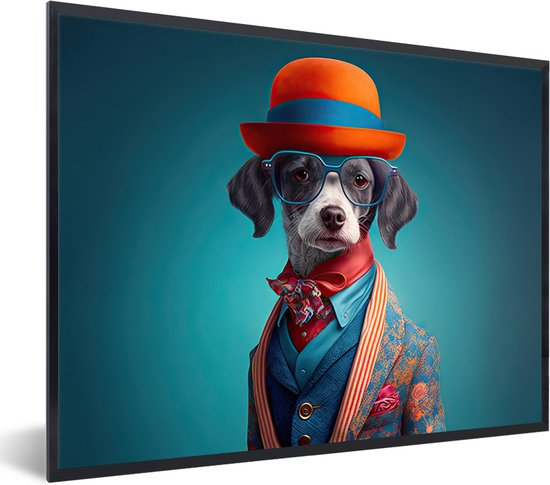 Fotolijst incl. Poster - Hond - Colbert - Bloemen - Portret - Blauw - 40x30 cm - Posterlijst