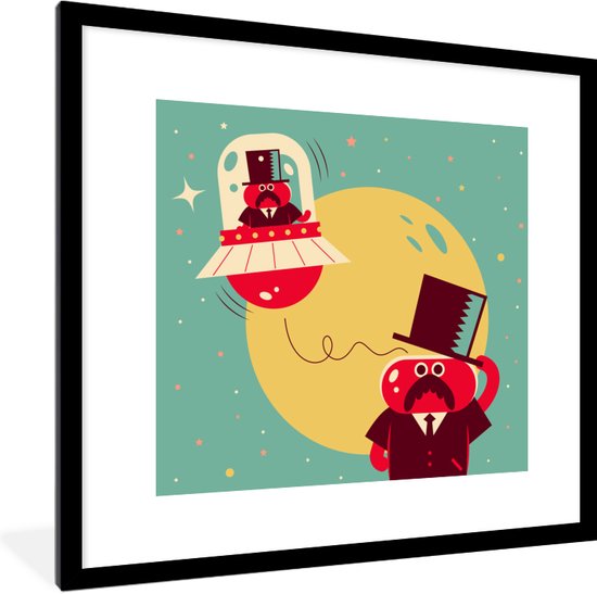 Photo en cadre - Une illustration d'un OVNI avec cadre photo extraterrestre juste habillé noir avec passe-partout blanc 40x40 cm - Affiche sous cadre (Décoration murale salon / chambre)