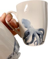 Siaki Ocean lot de 4 mugs en porcelaine osseuse neuve 350 ml, avec aquarelle bleue de calamar, baleine, tortue et hareng
