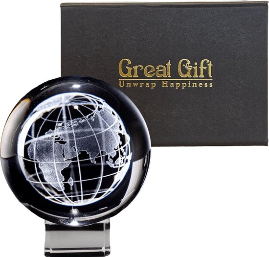 GreatGift® - 3D Aarde in Kristallen bol - laser gegraveerd - In luxe geschenkdoos - 10cm - Cadeau Voor hem - Cadeau voor Haar - Globe - Ruimte - Astrologie - Op Kristallen standaard