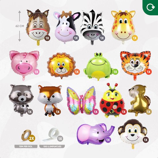 Fissaly 15 Grands Ballons en Aluminium Animaux avec Ruban - Décoration de Fête - Fête d'Enfants - Décoration