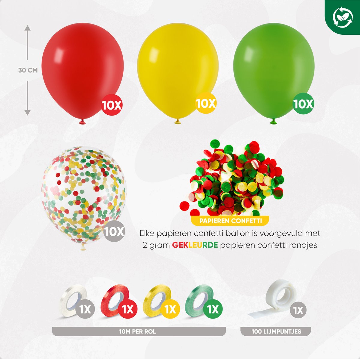 Fissaly 40 Stuks Rood, Geel & Groen Carnaval Helium Ballonnen met Lint – Versiering Decoratie – Papieren Confetti - Latex — afbeelding 2