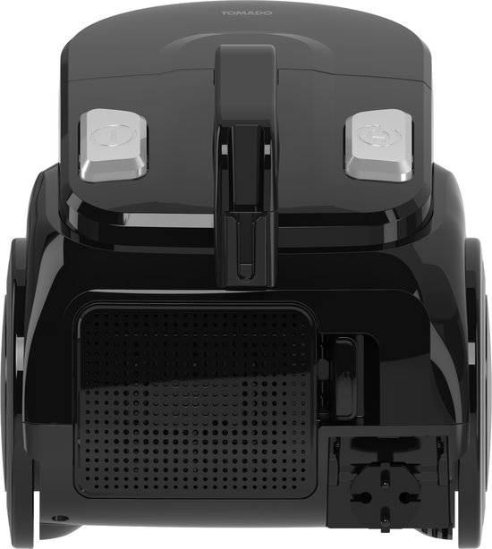 Arrière de l'aspirateur Tomado noir, avec grille de ventilation.