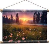 Textielposter - Zonsondergang bij Roze Bloemenveld - 60x40 cm Foto op Textiel