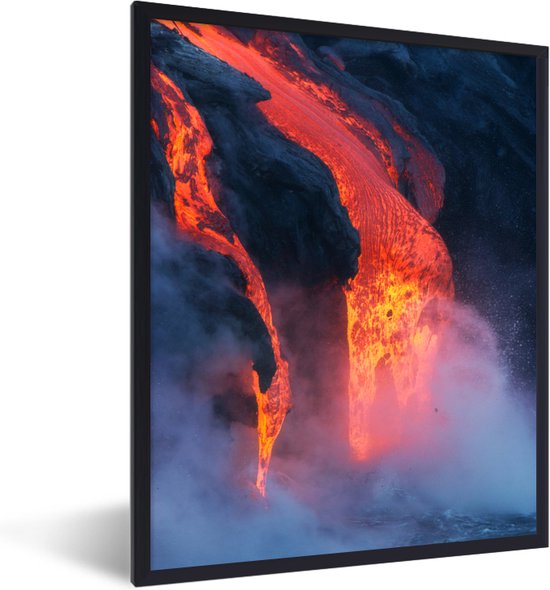 Fotolijst incl. Poster - Lava stroomt de oceaan in na een vulkaanuitbarsting - 40x50 cm - Posterlijst
