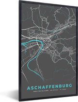 Fotolijst incl. Poster - Stadskaart – Kaart – Aschaffenburg – Blauw – Duitsland – Plattegrond - 60x90 cm - Posterlijst