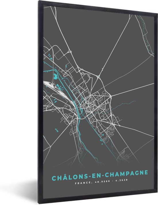 Fotolijst incl. Poster - Frankrijk - Châlons-en-Champagne - Stadskaart - Plattegrond - Kaart - 80x120 cm - Posterlijst