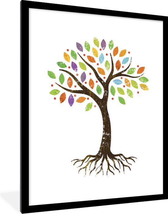 Photo encadrée - Cadre photo petit arbre coloré illustré noir avec passe-partout blanc 60x80 cm - Affiche encadrée (Décoration murale salon / chambre)