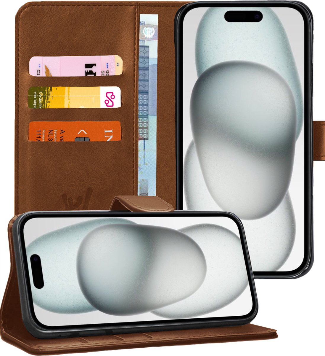 Hoesje geschikt voor iPhone 15 Plus - Book Case Kunstleer Pasjeshouder Bruin